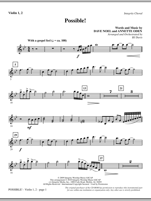 Preview BJ Davis Possible! - Violin 1, 2 Contemporary sheet music, notes and chords for Choir Instrumental Pak, SKU: 295495 Possible! - Violin 1, 2 sheet music