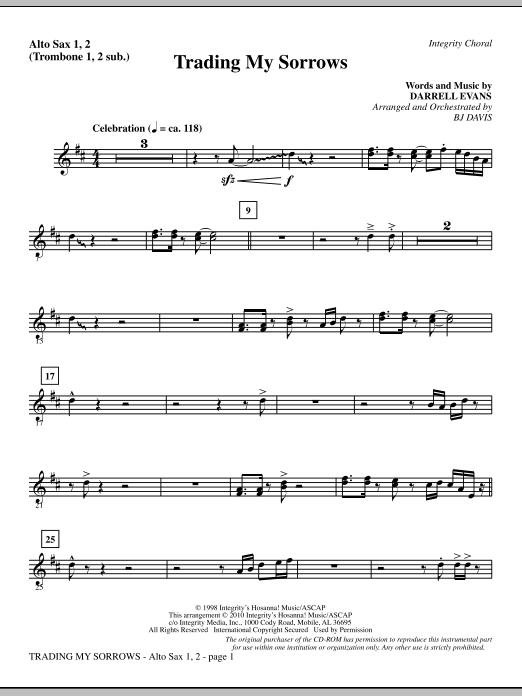 Preview BJ Davis Trading My Sorrows - Alto Sax (sub. Horn) Contemporary sheet music, notes and chords for Choir Instrumental Pak, SKU: 296153 Trading My Sorrows - Alto Sax (sub. Horn) sheet music