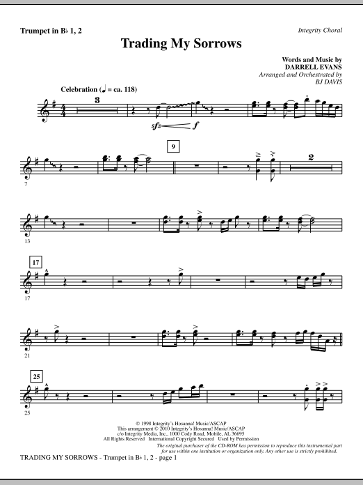 Preview BJ Davis Trading My Sorrows - Bb Trumpet 1,2 Contemporary sheet music, notes and chords for Choir Instrumental Pak, SKU: 296144 Trading My Sorrows - Bb Trumpet 1,2 sheet music