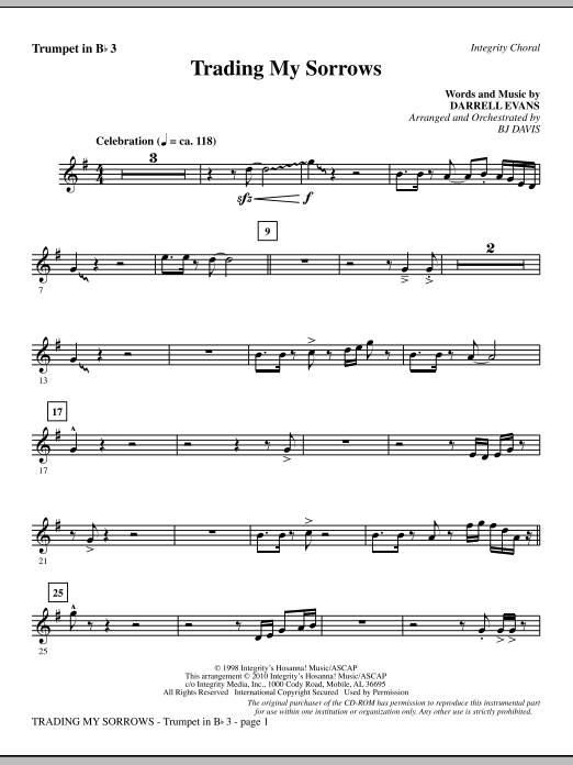 Preview BJ Davis Trading My Sorrows - Bb Trumpet 3 Contemporary sheet music, notes and chords for Choir Instrumental Pak, SKU: 296145 Trading My Sorrows - Bb Trumpet 3 sheet music