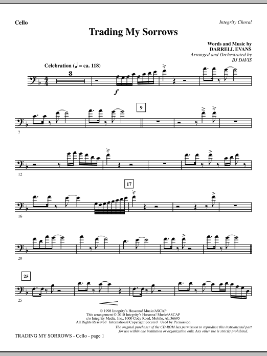 Preview BJ Davis Trading My Sorrows - Cello Contemporary sheet music, notes and chords for Choir Instrumental Pak, SKU: 296152 Trading My Sorrows - Cello sheet music