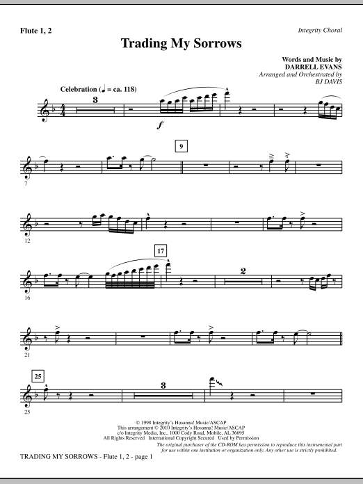 Preview BJ Davis Trading My Sorrows - Flute 1 & 2 Contemporary sheet music, notes and chords for Choir Instrumental Pak, SKU: 296141 Trading My Sorrows - Flute 1 & 2 sheet music