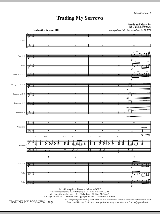 Preview BJ Davis Trading My Sorrows - Full Score Contemporary sheet music, notes and chords for Choir Instrumental Pak, SKU: 296140 Trading My Sorrows - Full Score sheet music