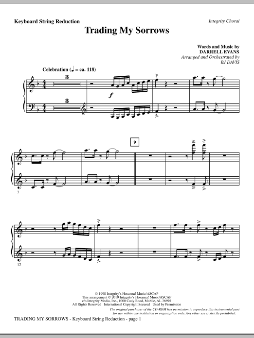 Preview BJ Davis Trading My Sorrows - Keyboard String Reduction Contemporary sheet music, notes and chords for Choir Instrumental Pak, SKU: 296155 Trading My Sorrows - Keyboard String Reduction sheet music