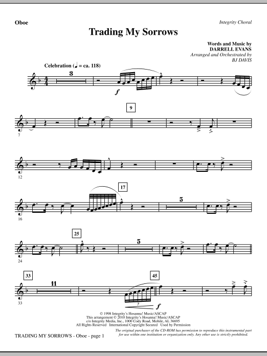 Preview BJ Davis Trading My Sorrows - Oboe Contemporary sheet music, notes and chords for Choir Instrumental Pak, SKU: 296142 Trading My Sorrows - Oboe sheet music