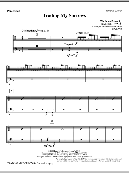Preview BJ Davis Trading My Sorrows - Percussion Contemporary sheet music, notes and chords for Choir Instrumental Pak, SKU: 296148 Trading My Sorrows - Percussion sheet music