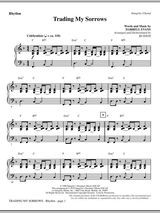 Preview BJ Davis Trading My Sorrows - Rhythm Contemporary sheet music, notes and chords for Choir Instrumental Pak, SKU: 296149 Trading My Sorrows - Rhythm sheet music