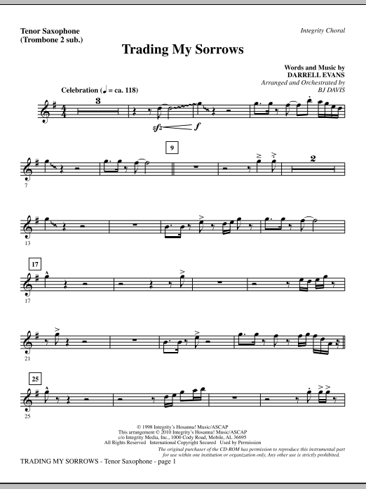 Preview BJ Davis Trading My Sorrows - Tenor Sax (sub. Tbn 2) Contemporary sheet music, notes and chords for Choir Instrumental Pak, SKU: 296154 Trading My Sorrows - Tenor Sax (sub. Tbn 2) sheet music