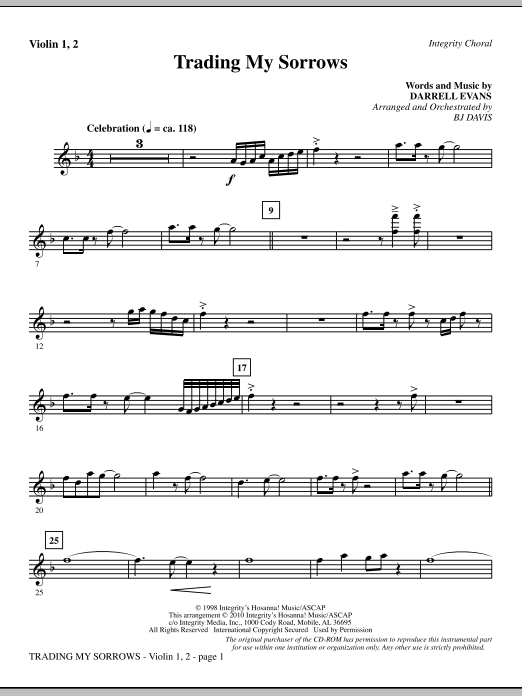 Preview BJ Davis Trading My Sorrows - Violin 1, 2 Contemporary sheet music, notes and chords for Choir Instrumental Pak, SKU: 296150 Trading My Sorrows - Violin 1, 2 sheet music
