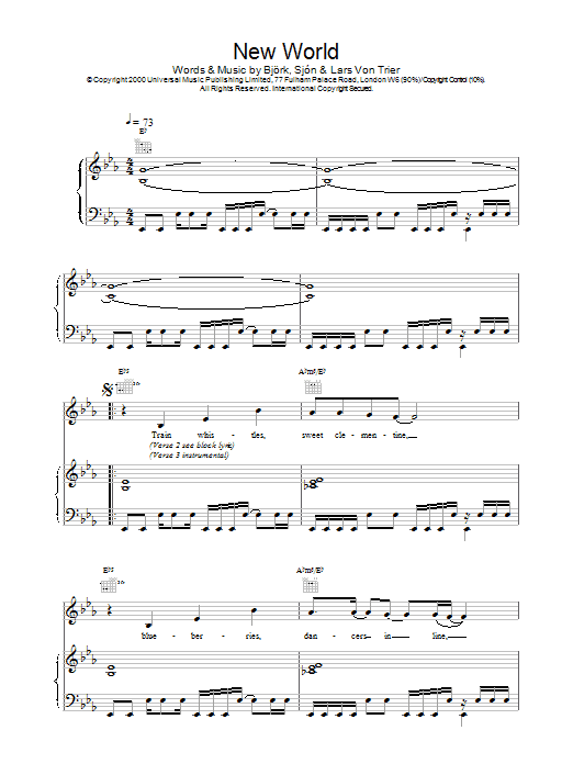 Preview Bjork New World Pop sheet music, notes and chords for Piano, Vocal & Guitar, SKU: 18010 New World sheet music