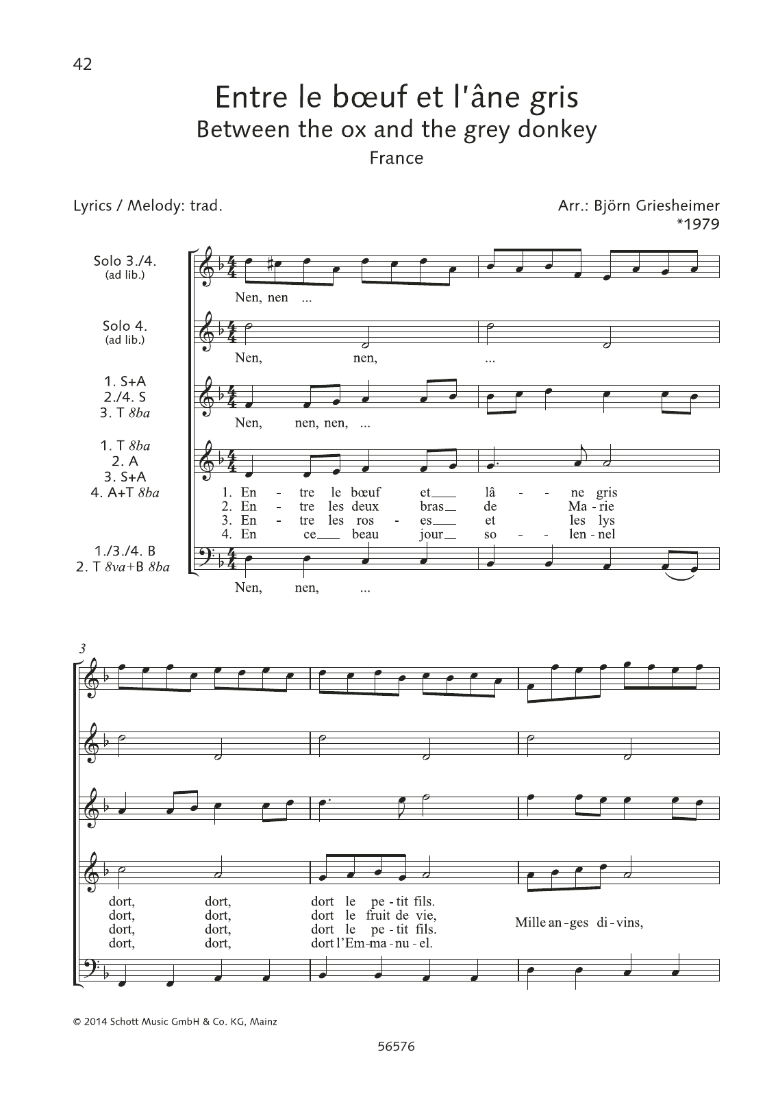 Björn Griesheimer Entre Le Boeuf Et L'ane Gris Sheet Music Notes & Chords for Choral - Download or Print PDF