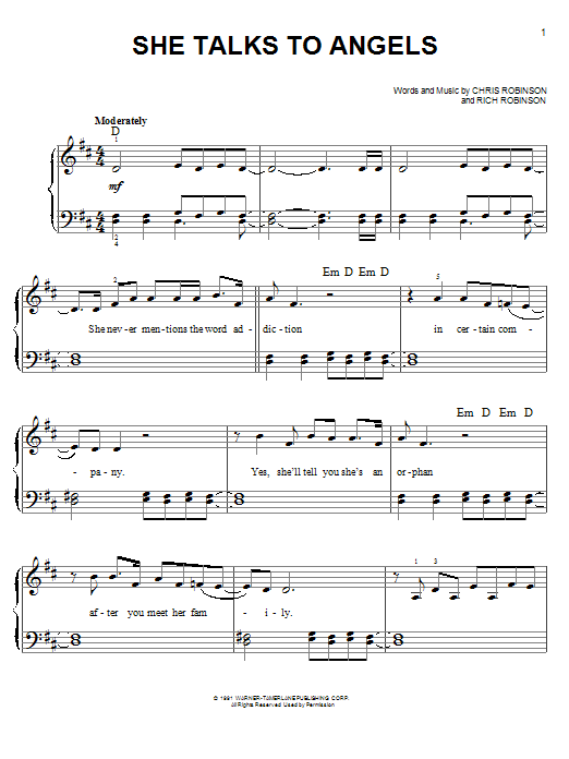 The Black Crowes She Talks To Angels Sheet Music Notes & Chords for Easy Piano - Download or Print PDF