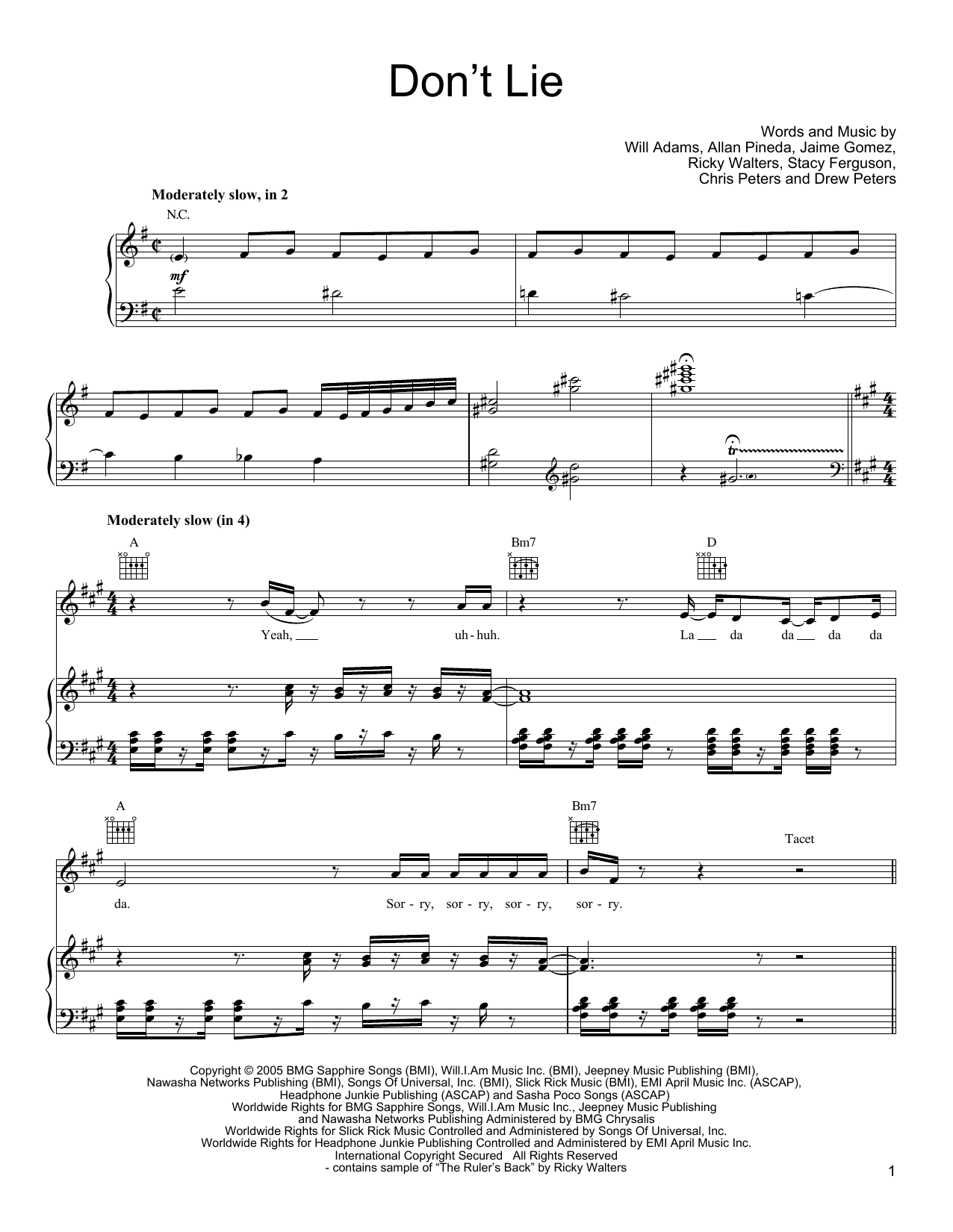 Black Eyed Peas Don't Lie Sheet Music Notes & Chords for Piano, Vocal & Guitar (Right-Hand Melody) - Download or Print PDF