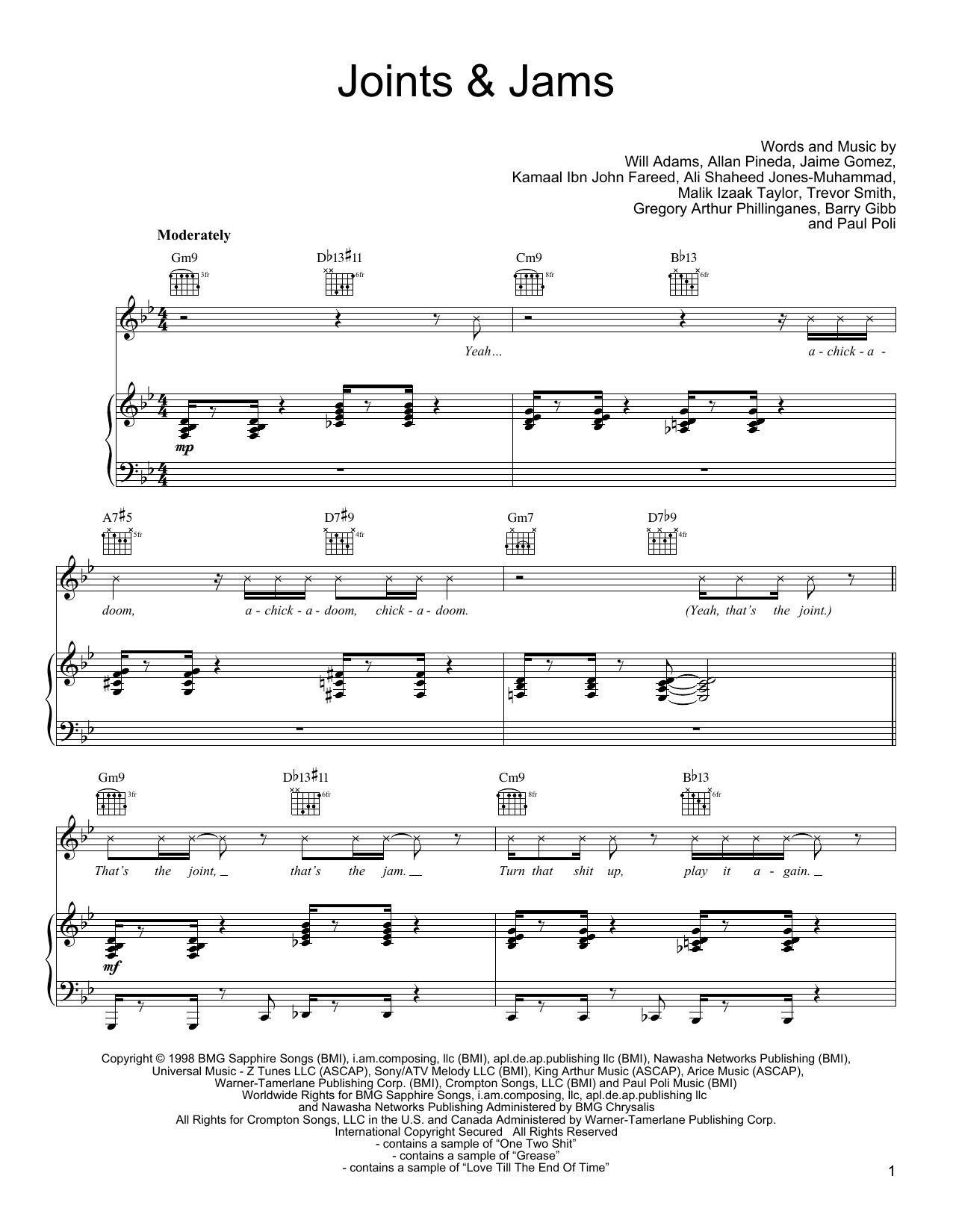 Black Eyed Peas Joints & Jams Sheet Music Notes & Chords for Piano, Vocal & Guitar (Right-Hand Melody) - Download or Print PDF