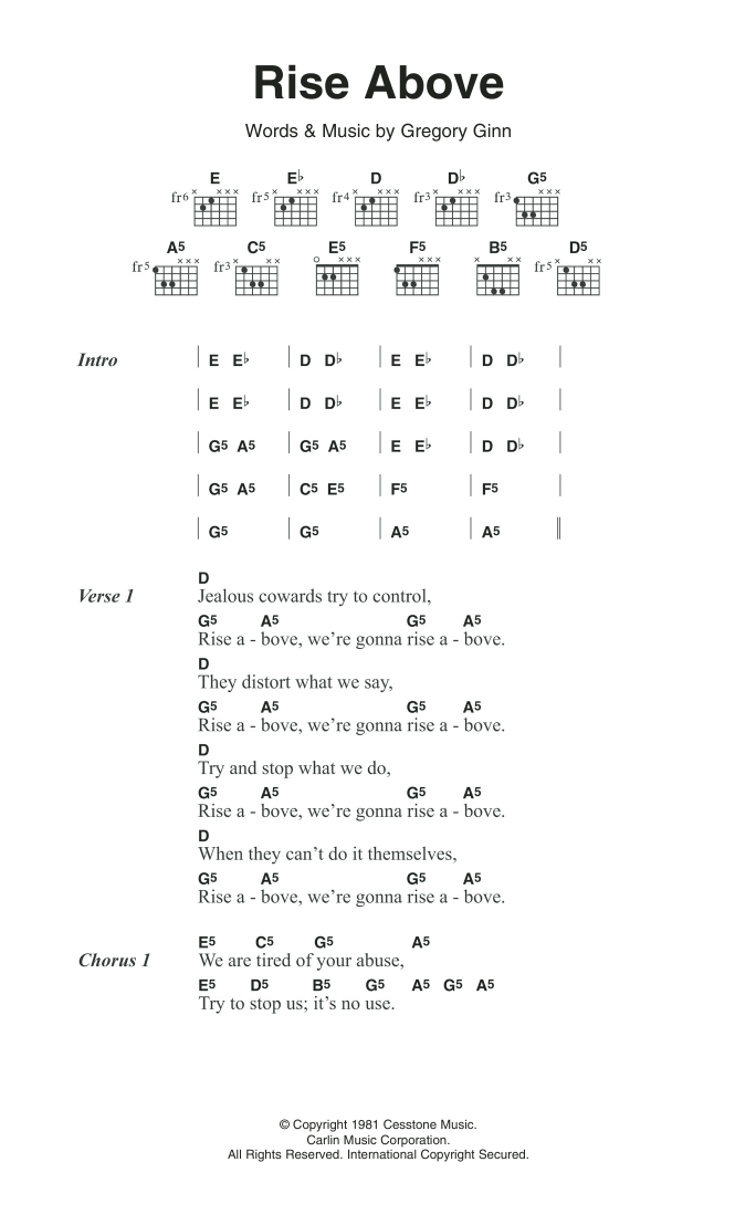 Black Flag Rise Above Sheet Music Notes & Chords for Guitar Chords/Lyrics - Download or Print PDF