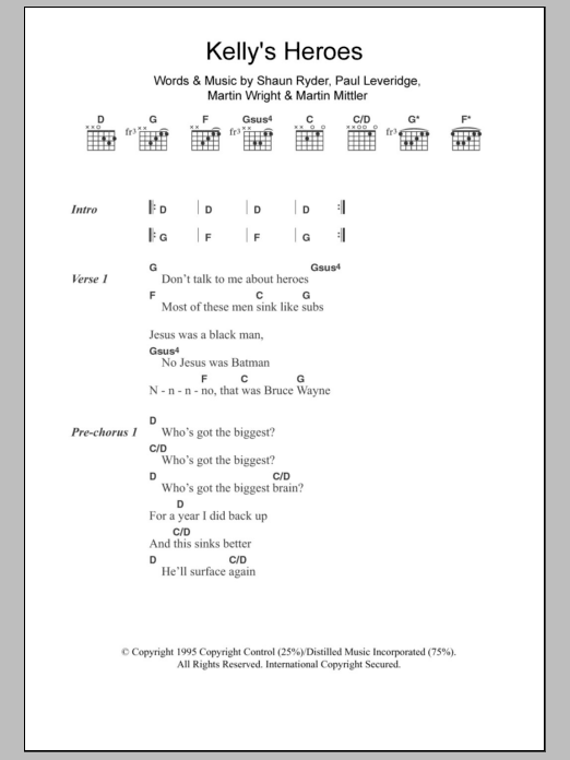 Black Grape Kelly's Heroes Sheet Music Notes & Chords for Lyrics & Chords - Download or Print PDF