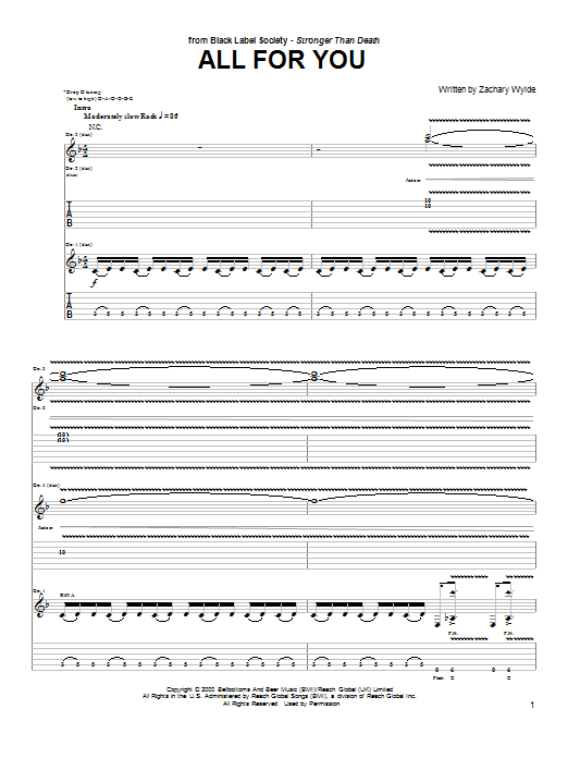 Black Label Society All For You Sheet Music Notes & Chords for Guitar Tab - Download or Print PDF