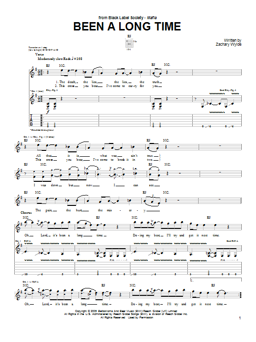 Black Label Society Been A Long Time Sheet Music Notes & Chords for Guitar Tab - Download or Print PDF