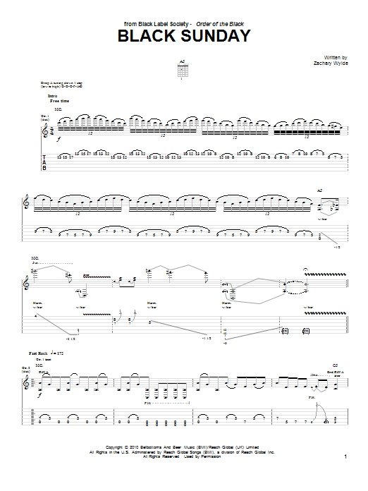 Black Label Society Black Sunday Sheet Music Notes & Chords for Guitar Tab - Download or Print PDF