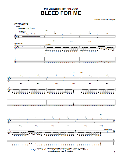 Zakk Wylde Bleed For Me Sheet Music Notes & Chords for Guitar Tab Play-Along - Download or Print PDF