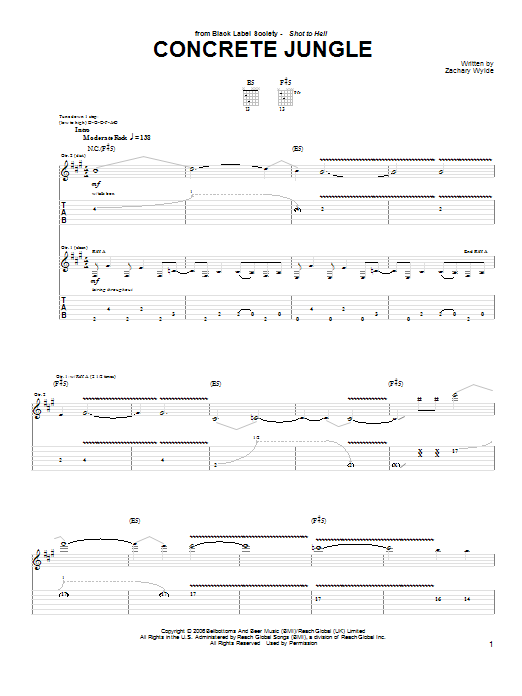 Black Label Society Concrete Jungle Sheet Music Notes & Chords for Guitar Tab - Download or Print PDF