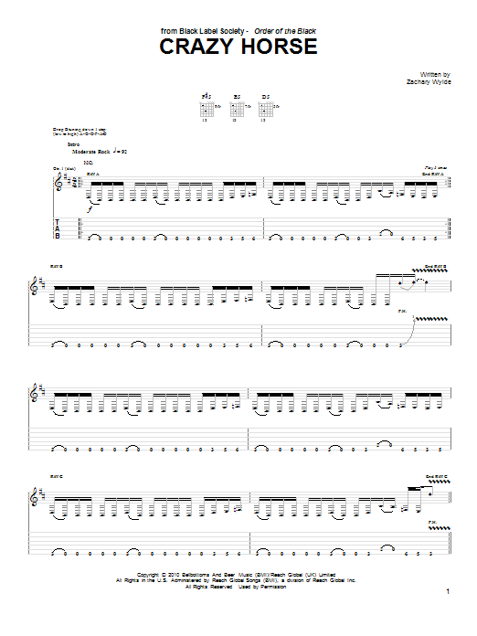 Black Label Society Crazy Horse Sheet Music Notes & Chords for Guitar Tab - Download or Print PDF