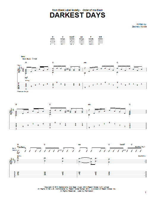 Black Label Society Darkest Days Sheet Music Notes & Chords for Guitar Tab - Download or Print PDF