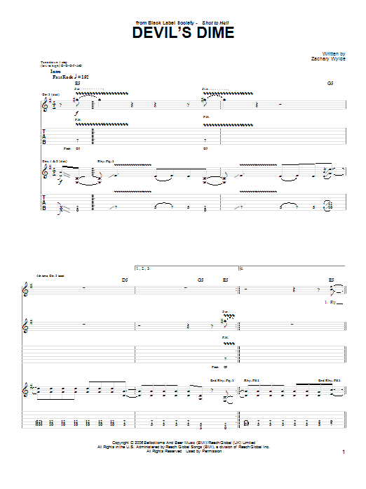 Black Label Society Devil's Dime Sheet Music Notes & Chords for Guitar Tab - Download or Print PDF