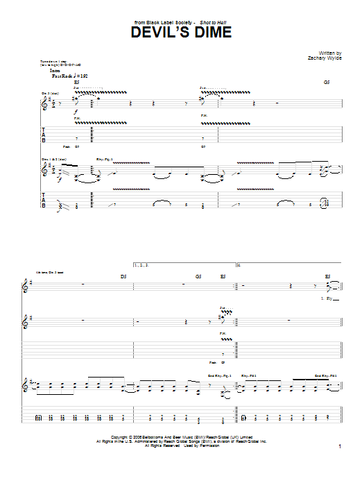 Black Label Society Devil's Dime sheet music notes and chords. Download Printable PDF.