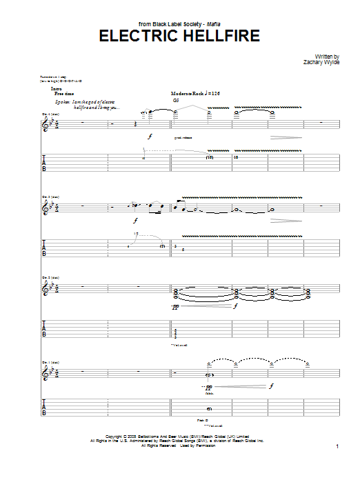 Black Label Society Electric Hellfire Sheet Music Notes & Chords for Guitar Tab - Download or Print PDF