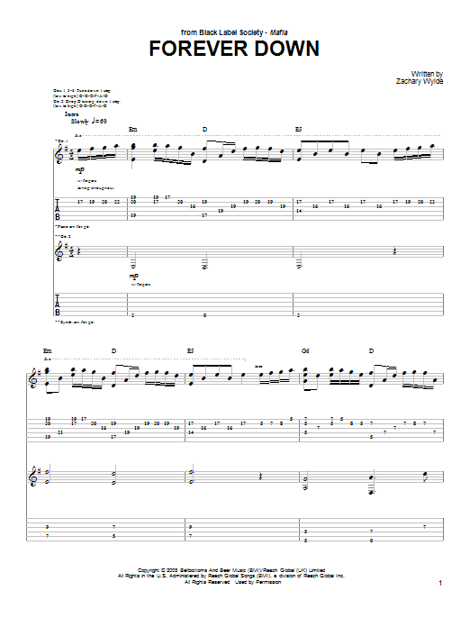 Black Label Society Forever Down Sheet Music Notes & Chords for Guitar Tab - Download or Print PDF