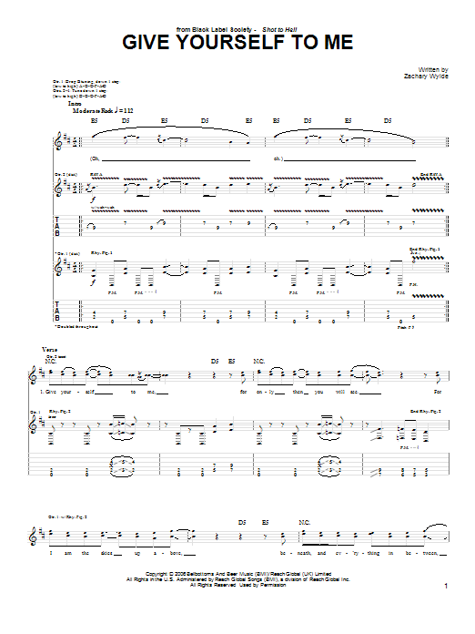 Black Label Society Give Yourself To Me Sheet Music Notes & Chords for Guitar Tab - Download or Print PDF