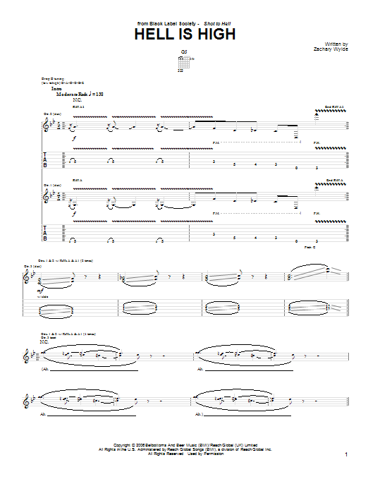 Black Label Society Hell Is High Sheet Music Notes & Chords for Guitar Tab - Download or Print PDF