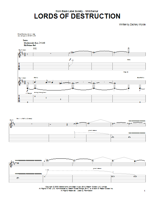 Black Label Society Lords Of Destruction Sheet Music Notes & Chords for Guitar Tab - Download or Print PDF