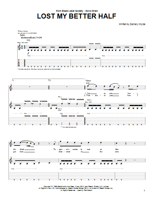 Black Label Society Lost My Better Half Sheet Music Notes & Chords for Guitar Tab - Download or Print PDF