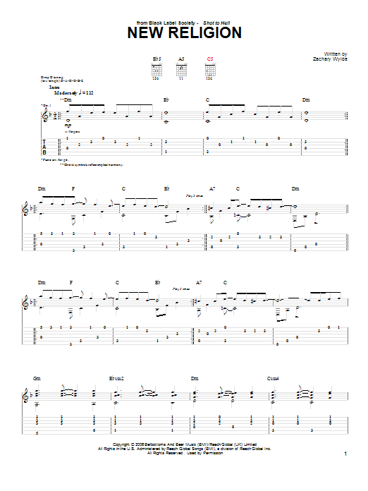Black Label Society New Religion Sheet Music Notes & Chords for Guitar Tab - Download or Print PDF