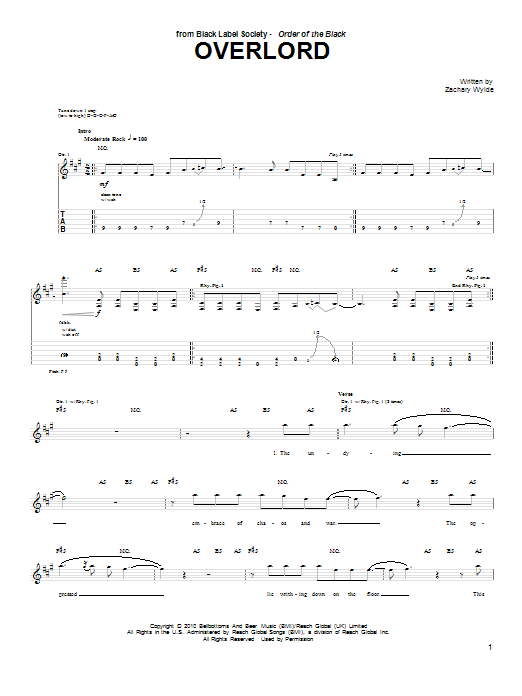 Black Label Society Overlord Sheet Music Notes & Chords for Guitar Tab - Download or Print PDF