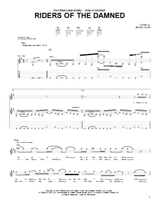 Black Label Society Riders Of The Damned Sheet Music Notes & Chords for Guitar Tab - Download or Print PDF