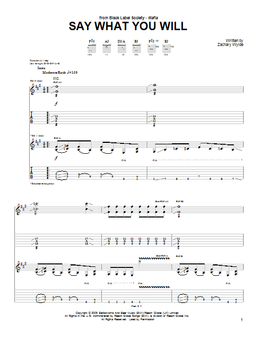 Black Label Society Say What You Will Sheet Music Notes & Chords for Guitar Tab - Download or Print PDF