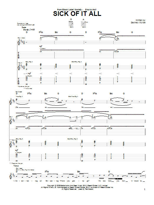 Black Label Society Sick Of It All Sheet Music Notes & Chords for Guitar Tab - Download or Print PDF