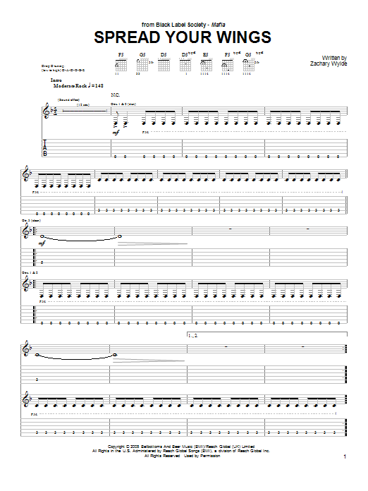 Black Label Society Spread Your Wings Sheet Music Notes & Chords for Guitar Tab - Download or Print PDF