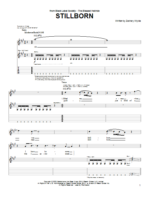 Black Label Society Stillborn Sheet Music Notes & Chords for Guitar Tab Play-Along - Download or Print PDF