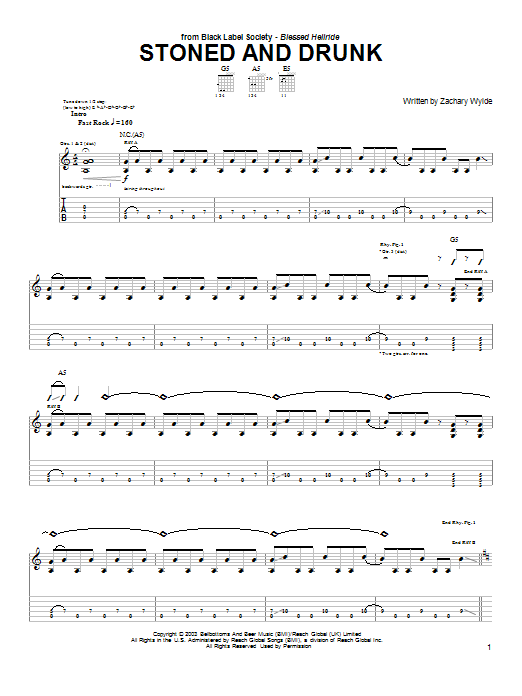 Black Label Society Stoned And Drunk Sheet Music Notes & Chords for Guitar Tab - Download or Print PDF