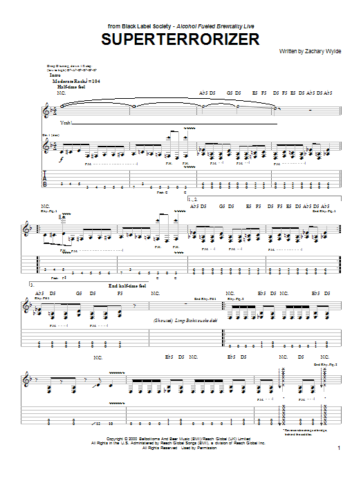 Black Label Society Superterrorizer Sheet Music Notes & Chords for Guitar Tab Play-Along - Download or Print PDF