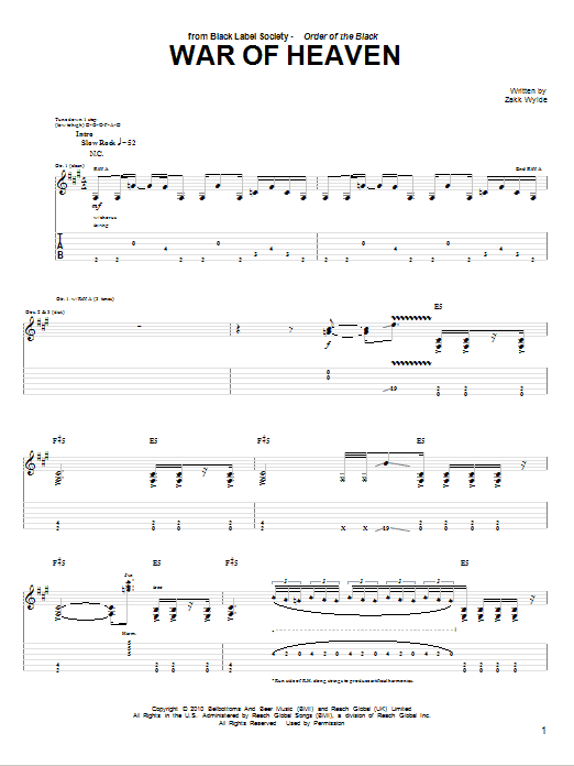 Black Label Society War Of Heaven Sheet Music Notes & Chords for Guitar Tab - Download or Print PDF