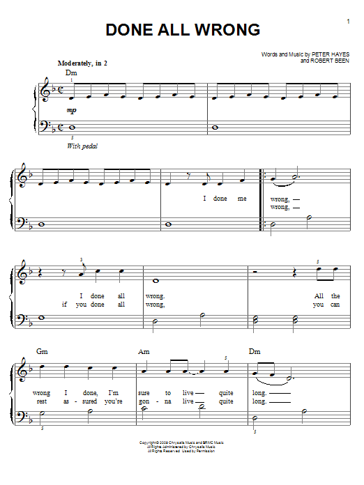 Black Rebel Motorcycle Club Done All Wrong Sheet Music Notes & Chords for Easy Piano - Download or Print PDF