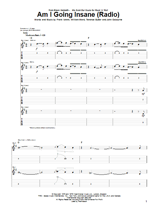 Black Sabbath Am I Going Insane (Radio) Sheet Music Notes & Chords for Guitar Tab - Download or Print PDF