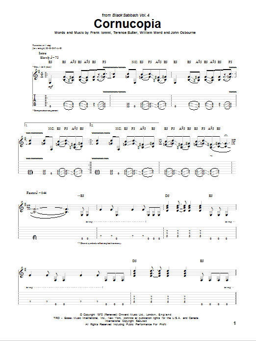 Black Sabbath Cornucopia Sheet Music Notes & Chords for Guitar Tab - Download or Print PDF