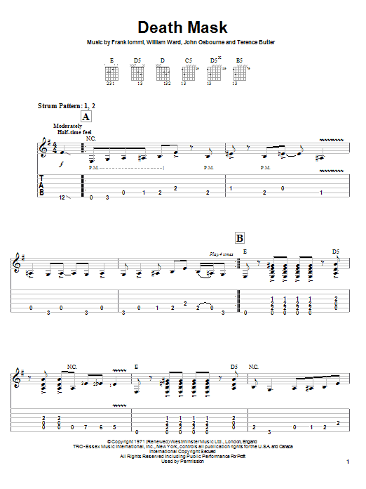 Black Sabbath Death Mask Sheet Music Notes & Chords for Easy Guitar Tab - Download or Print PDF