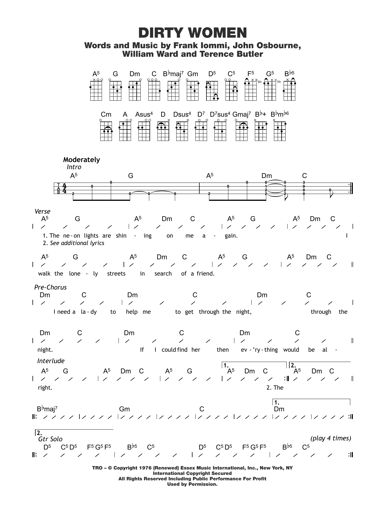 Black Sabbath Dirty Women Sheet Music Notes & Chords for Ukulele with strumming patterns - Download or Print PDF